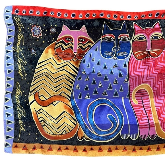 Vintage Laurel Burch Feline Family Portrait Cat Scarf 100% Silk Beaded Sequins - Picture 3 of 8